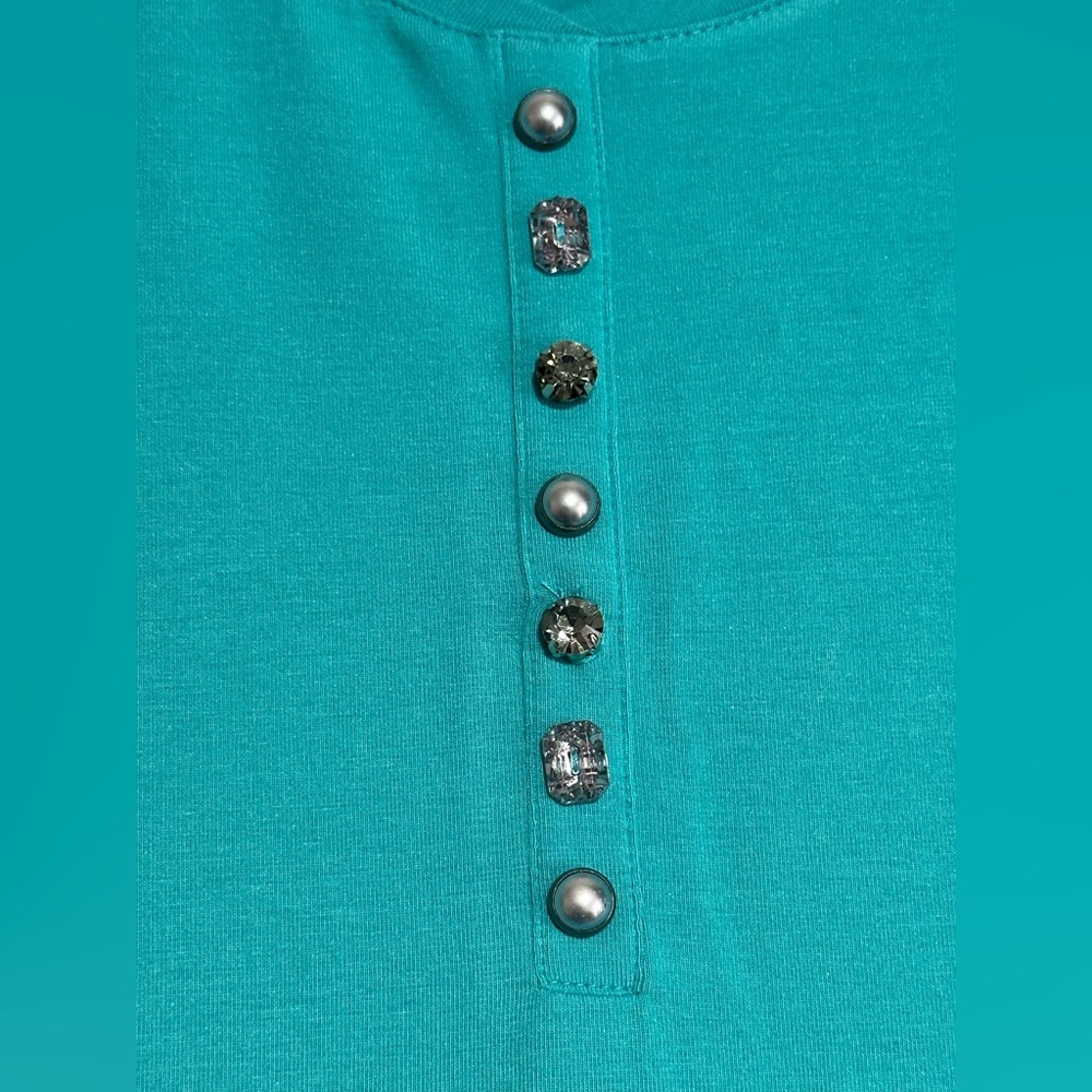 Susan Graver Brand Weekend Teal Henley Top 3/4 Sleeve Rhinestone Buttons XXS - Picture 3 of 8